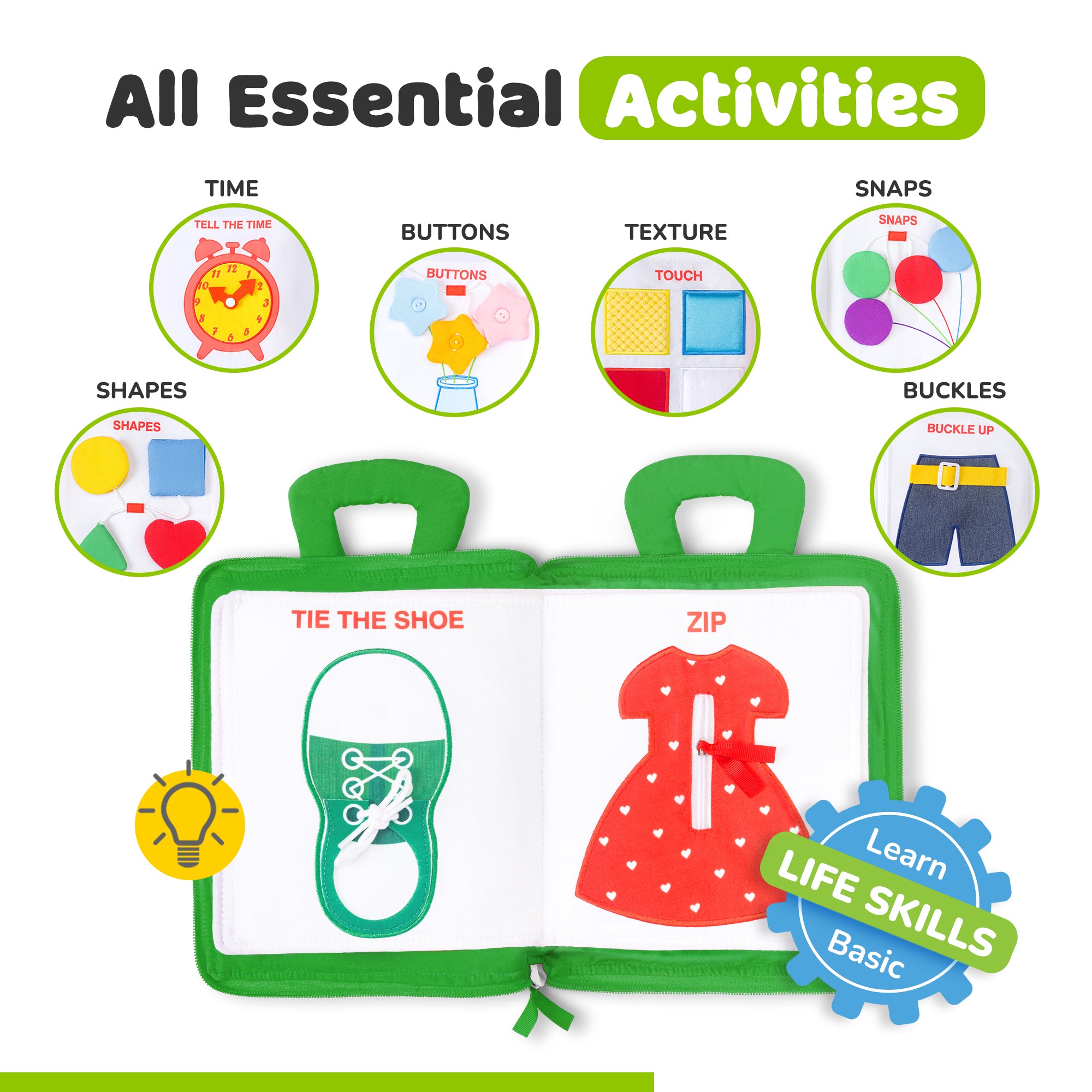 Quiet Book for Toddlers - Montessori Basic Skills Activity - Soft Travel Toy & Educational Busy Book (Green)
