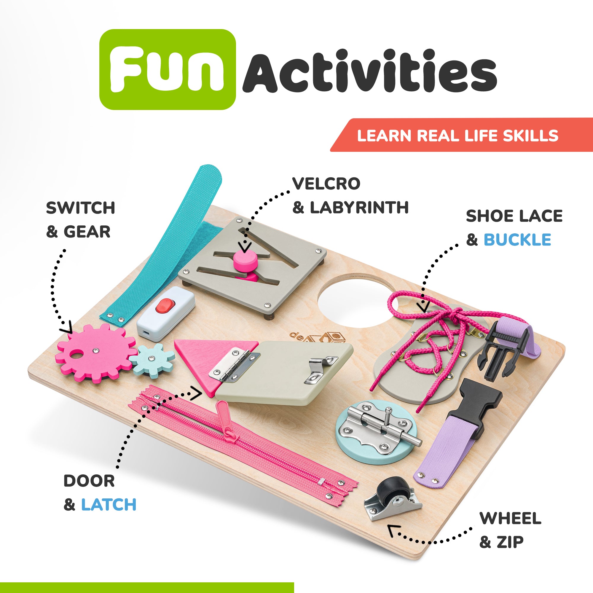 Busy Board for Toddlers 2-3 Years - Wooden  Sensory  Toys - Travel Toy with Fine Motor Skills Activities Buckle Toy (Coral)