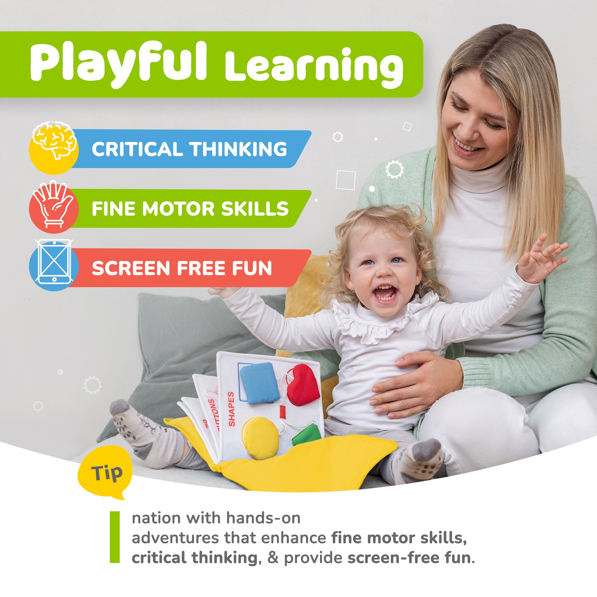 Quiet Book for Toddlers - Montessori Basic Skills Activity - Soft Travel Toy & Educational Busy Book (Yellow)