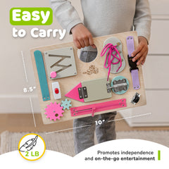 Busy Board for Toddlers 2-3 Years - Wooden  Sensory  Toys - Travel Toy with Fine Motor Skills Activities Buckle Toy (Coral)