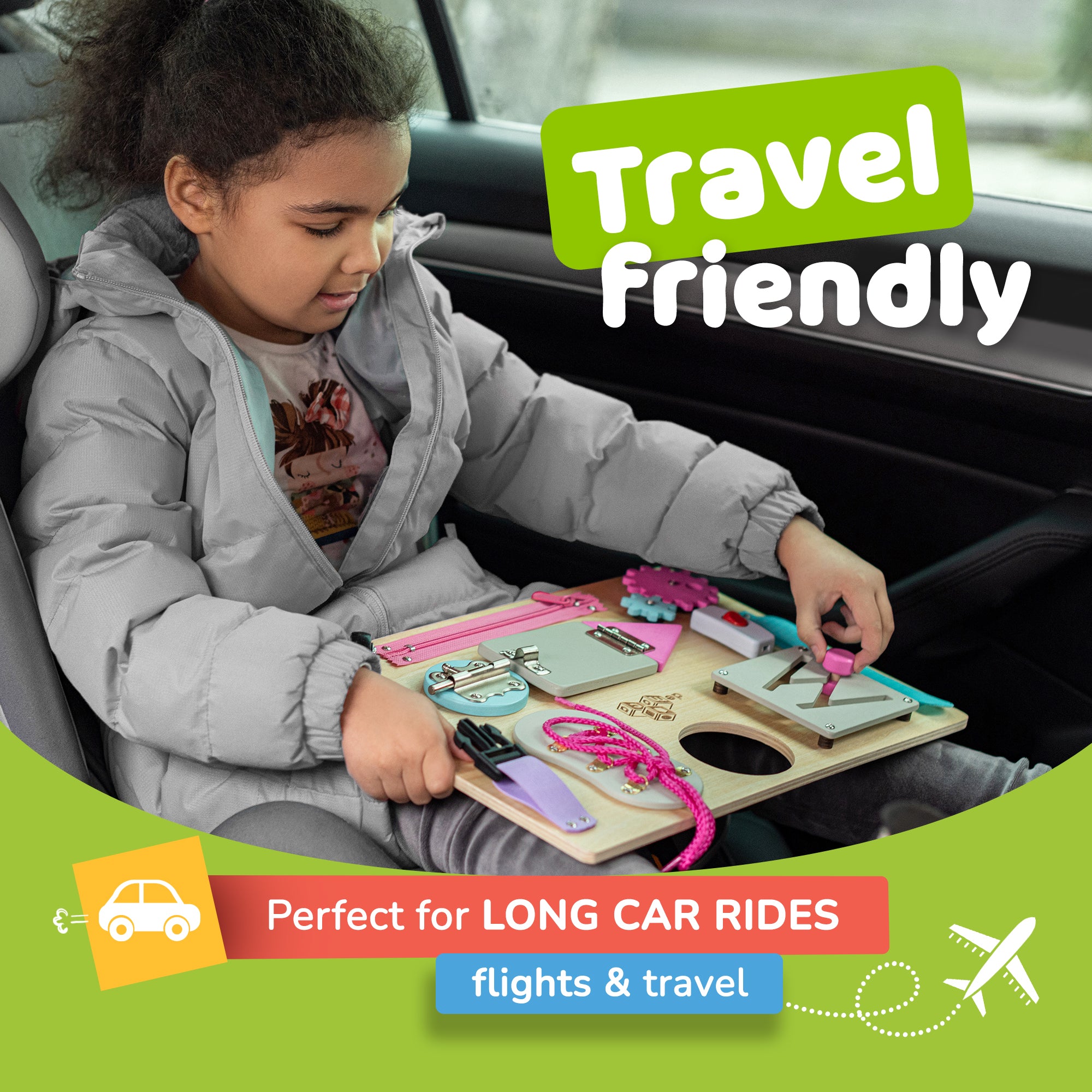 Busy Board for Toddlers 2-3 Years - Wooden  Sensory  Toys - Travel Toy with Fine Motor Skills Activities Buckle Toy (Coral)
