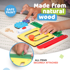 deMoca Busy Board for 1 Year Old, Montessori Toys for Toddlers, Baby Wooden Busy Board Travel Toy with Sensory and Educational Activities for 1+ Year Old Boys and Girls