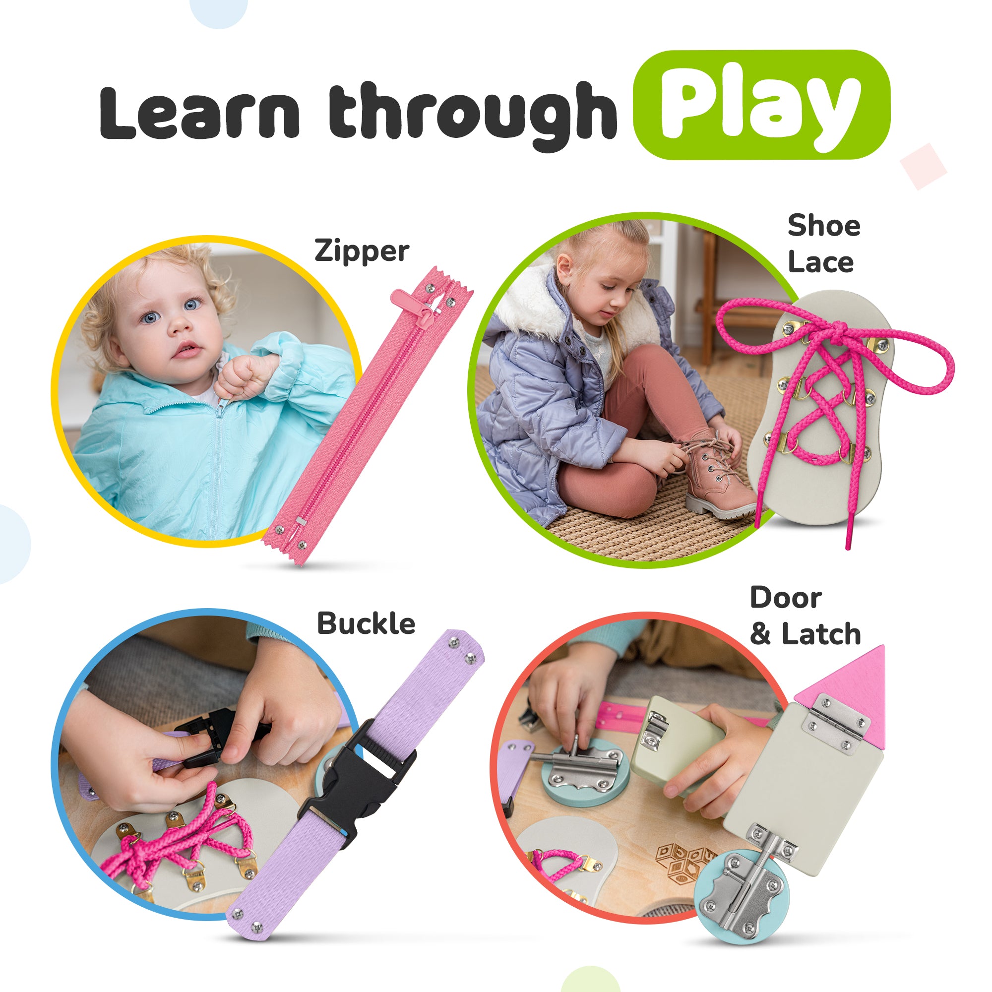 Busy Board for Toddlers 2-3 Years - Wooden  Sensory  Toys - Travel Toy with Fine Motor Skills Activities Buckle Toy (Coral)