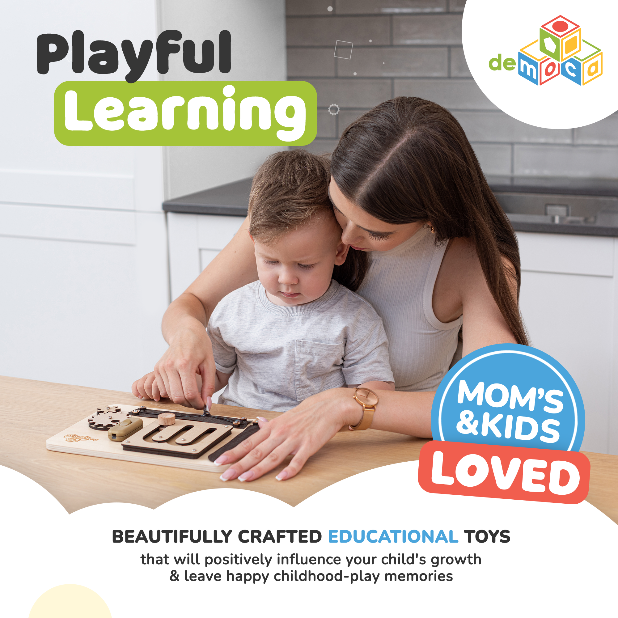 deMoca Montessori Busy Board for Toddlers, Wooden Activity Board with 10  Educational Activities for Learning Fine Motor Skills, Kids Sensory Toy