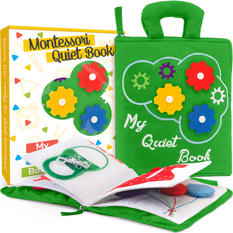 Quiet Book for Toddlers - Montessori Basic Skills Activity - Soft Travel Toy & Educational Busy Book (Green)