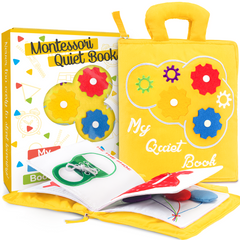 Quiet Book for Toddlers - Montessori Basic Skills Activity - Soft Travel Toy & Educational Busy Book (Yellow)