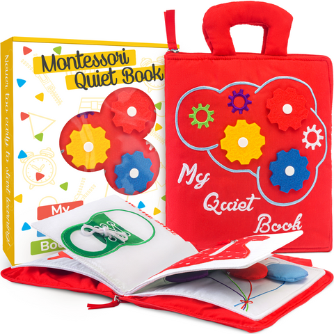 Quiet Book for Toddlers - Montessori Basic Skills Activity - Soft Travel Toy & Educational Busy Book (Red)